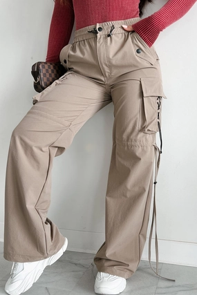 Finding My Way Wide Leg Cargo Drawstring Pants (Khaki) Flexible Performance Wear Flexible Movement