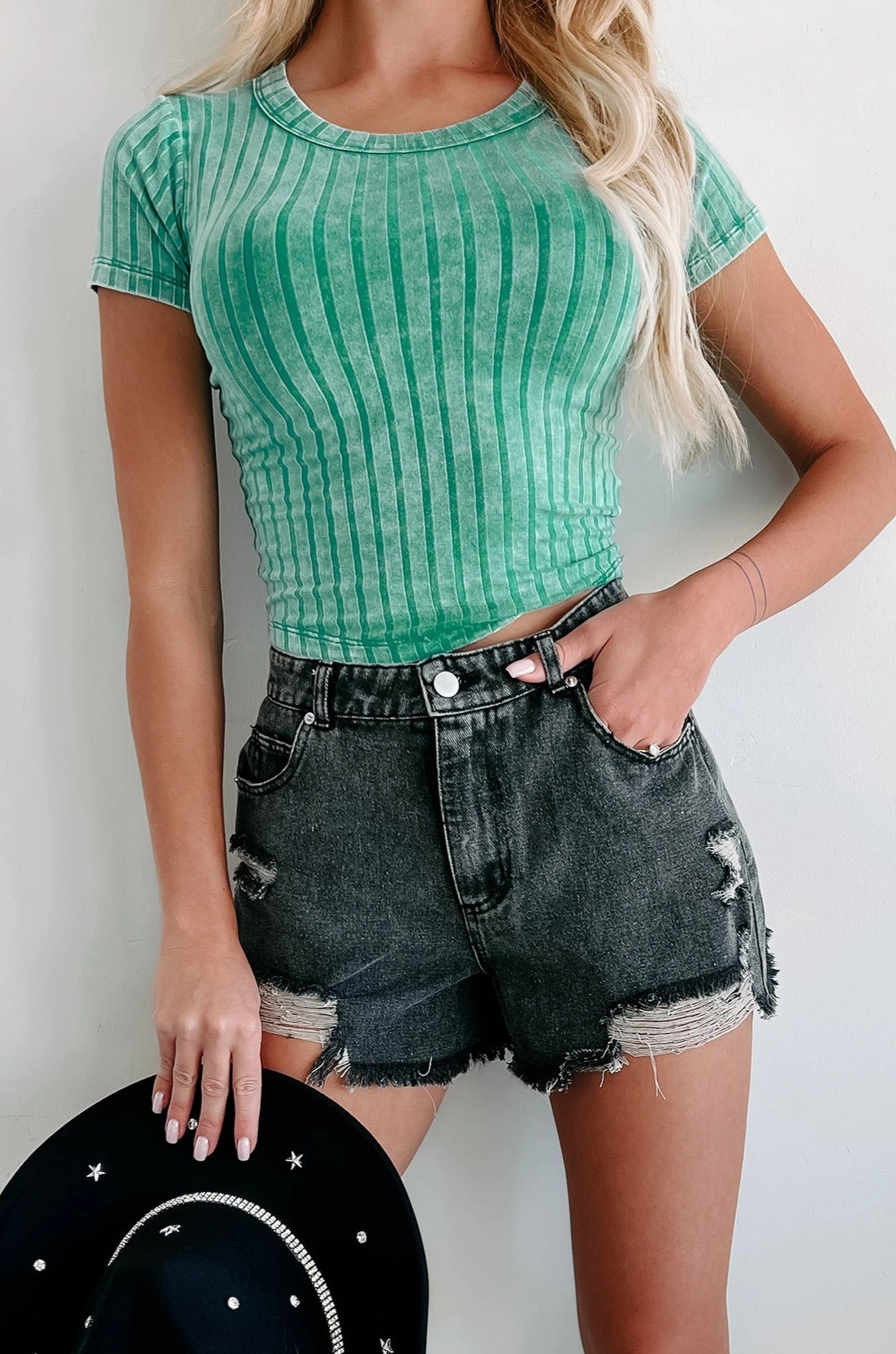 DoubleStitching Durable Fiber Blend Beyond Help Ribbed Short Sleeve Crop Top (Kelly Green)