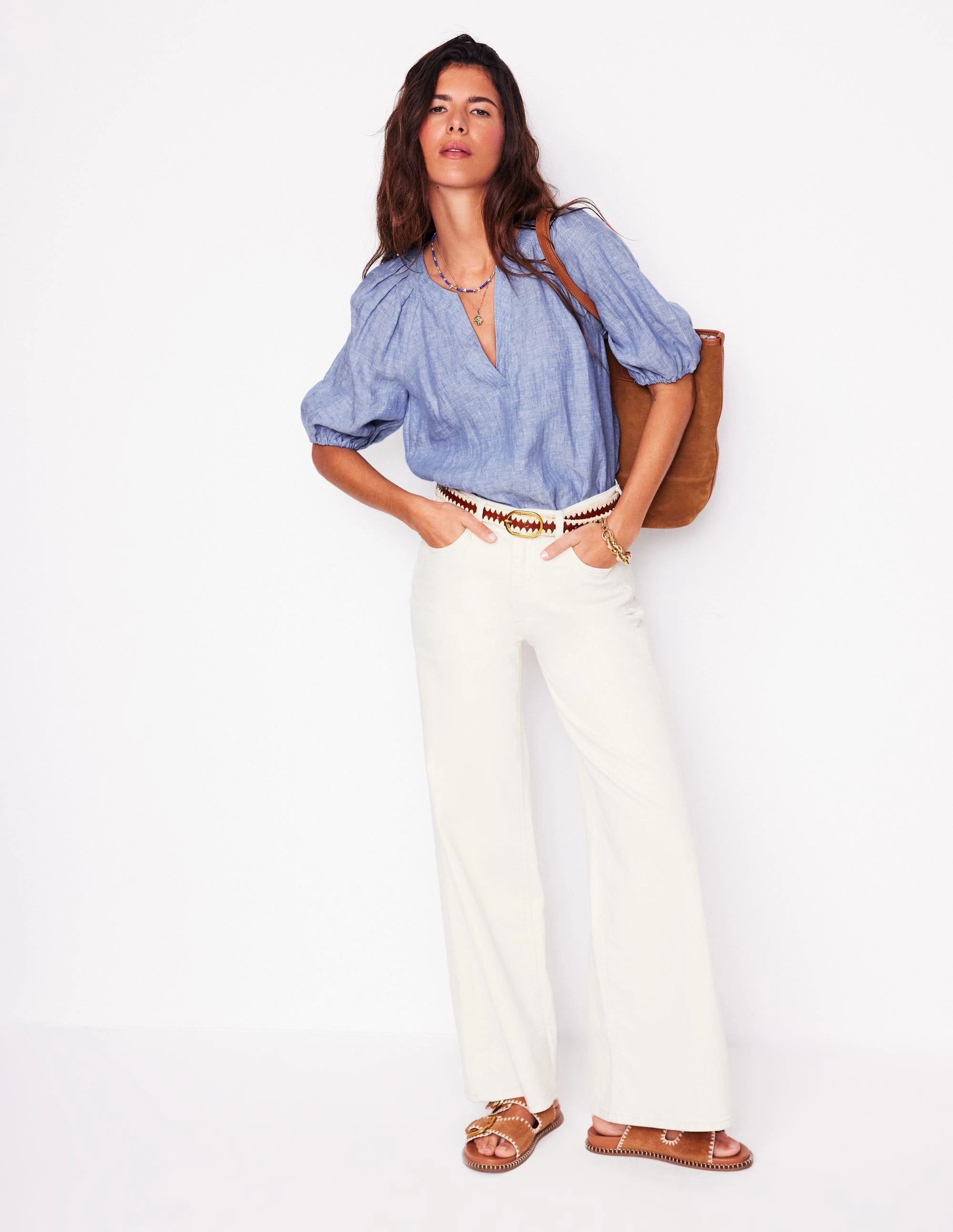 Contrast Stitch Detail Brooke Linen Top-Chambray