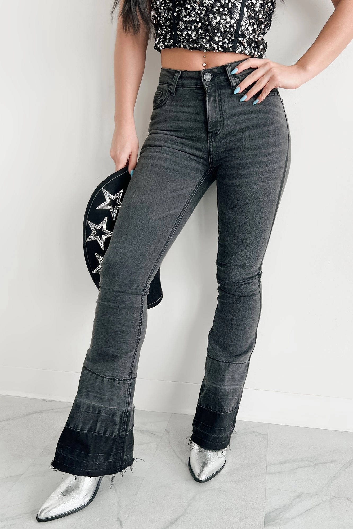Valkyrie High Rise Flare Indigo Reign Jeans (Black) Moisture control