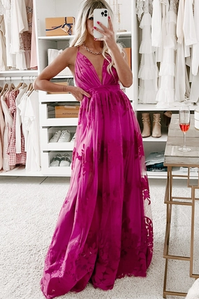 Eternal Bond Floral Velvet Mesh Maxi Dress (Magenta) Adjustable Cuffs