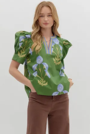 Everleigh Floral Top in Green Layered Shoulder