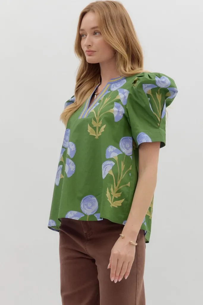 Everleigh Floral Top in Green Bamboo Fiber Fabric Flexible Knit