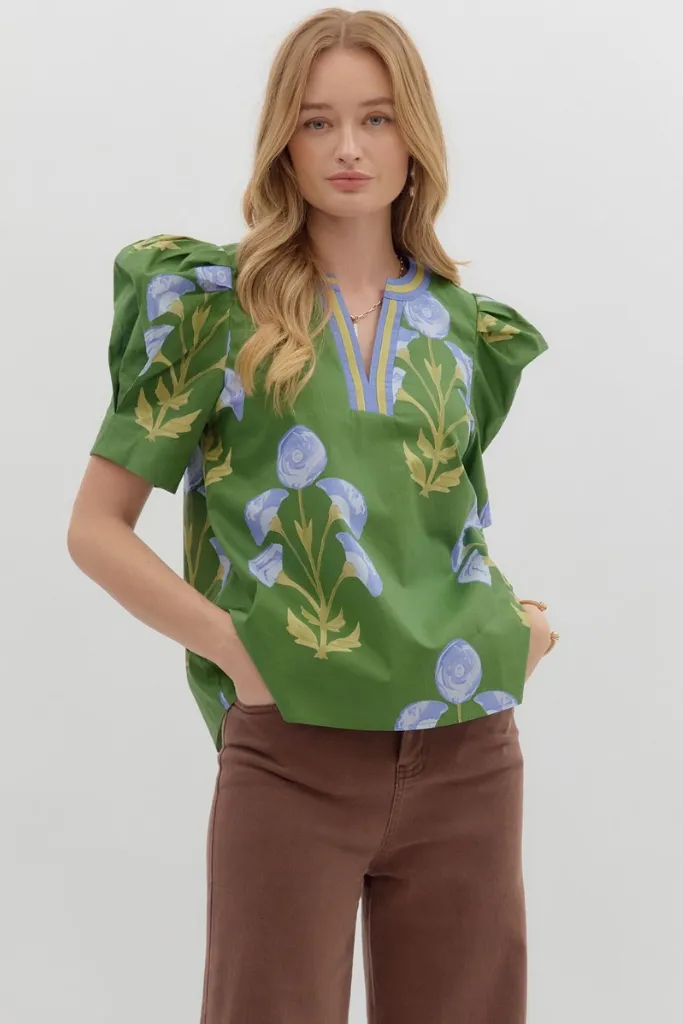 Everleigh Floral Top in Green Layered Shoulder