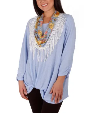 Double Stitched Hem Petite 3/4 Rouched Sleeve Twist Front Top With Detachable Scarf