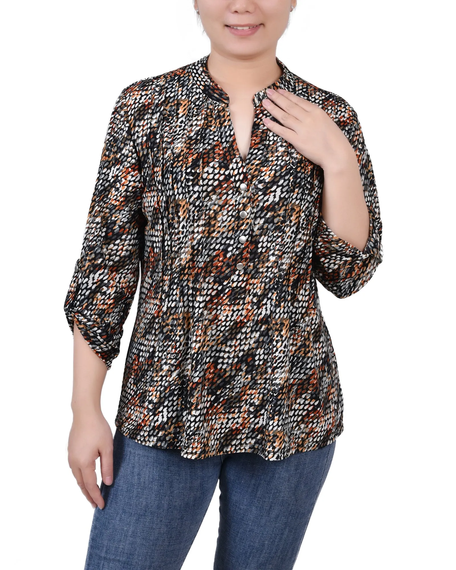 Petite 3/4 Sleeve Roll Tab Y Neck Pullover Top Grid Back Panel