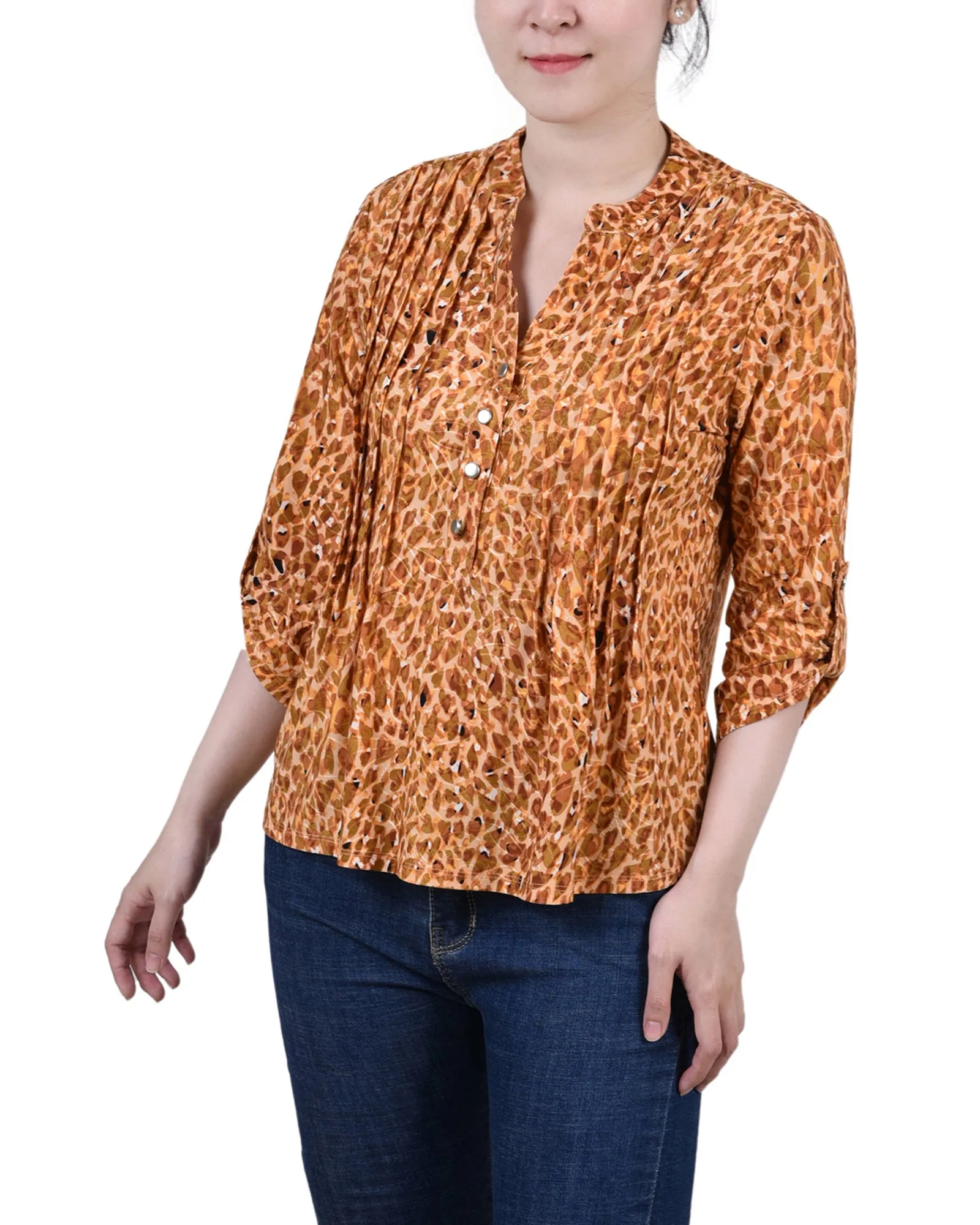 Versatile Base Layer Petite 3/4 Sleeve Roll Tab Y Neck Pullover Top