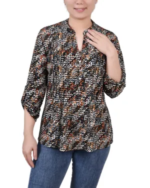 Petite 3/4 Sleeve Roll Tab Y Neck Pullover Top Interlock Weave
