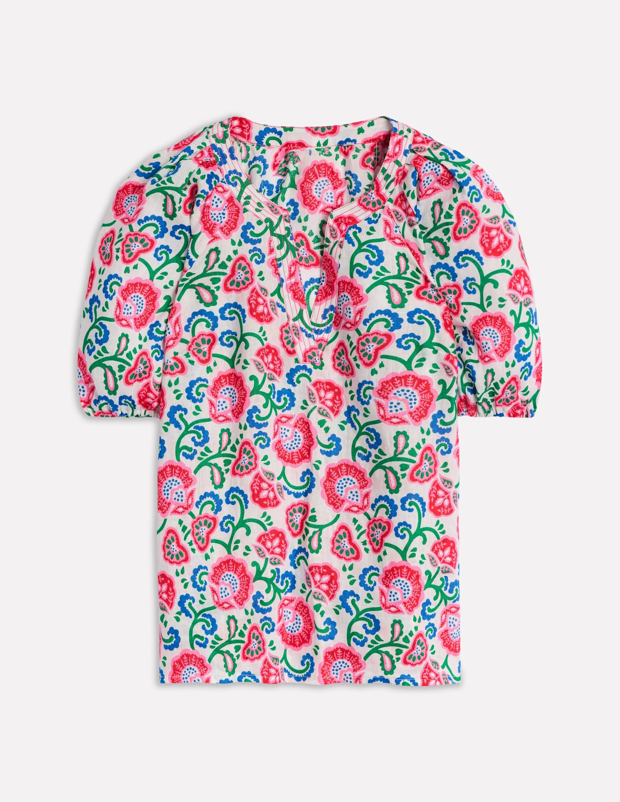 NonRestrictiveSilhouette Reinforced Neckline Detail Brooke Linen Top-Ivory, Garden Vine