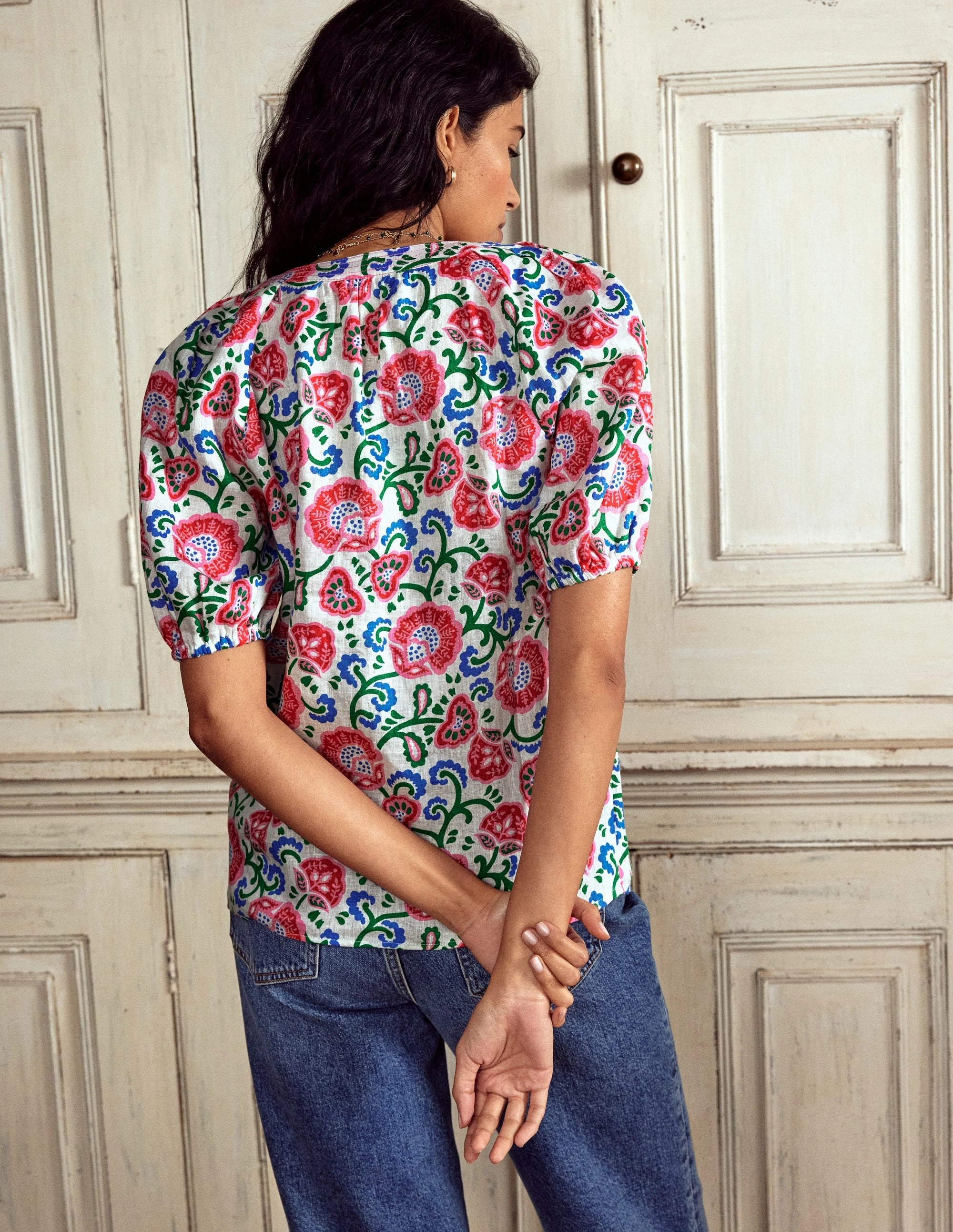 Elegant Blouse Brooke Linen Top-Ivory, Garden Vine