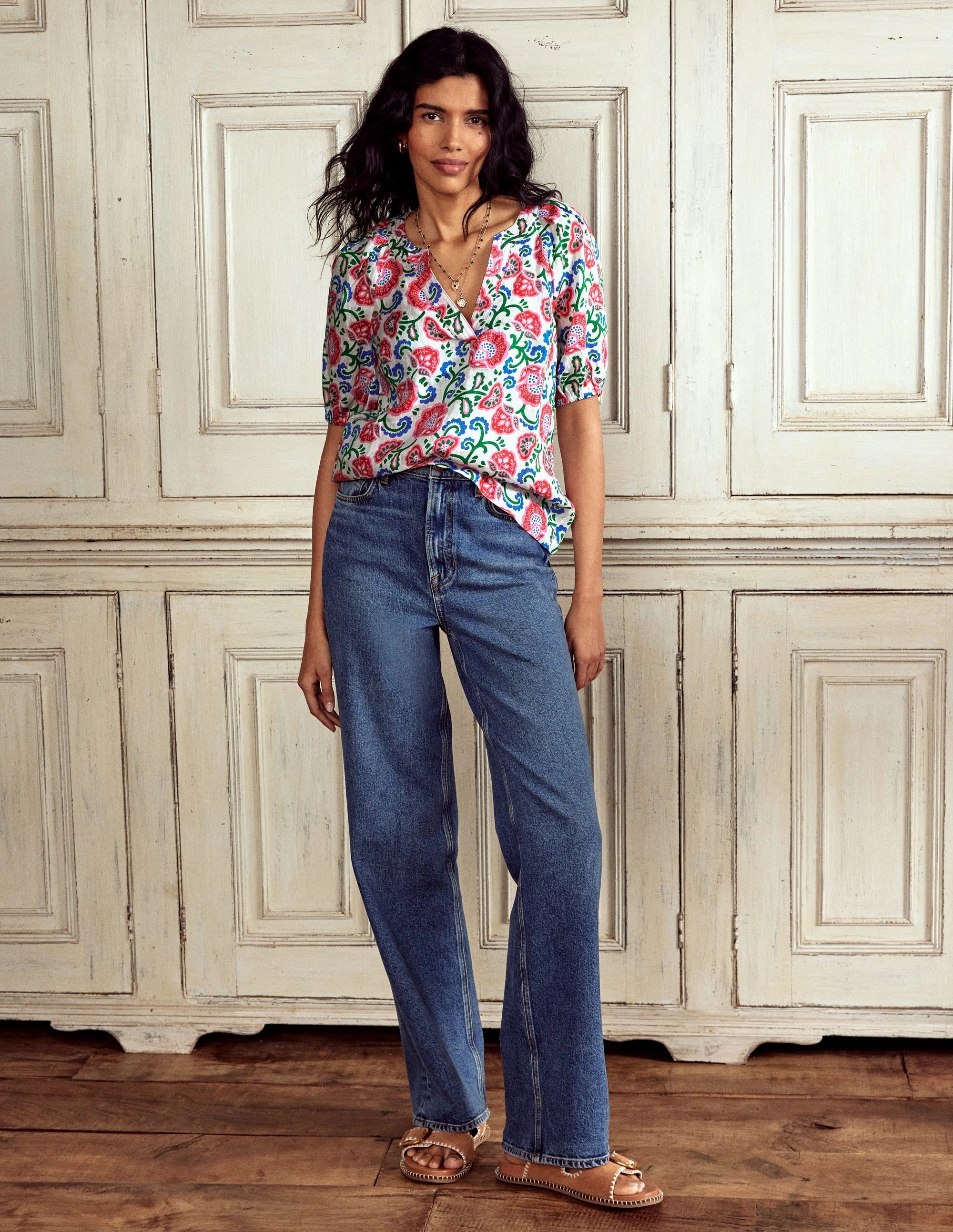 Brooke Linen Top-Ivory, Garden Vine HighStretch Modern Polo