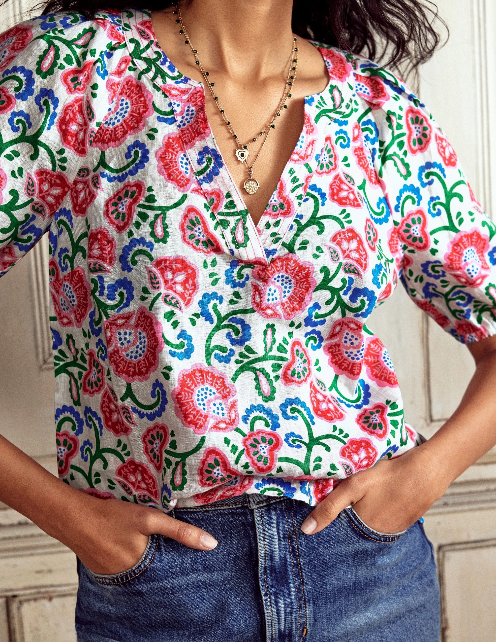 TwoToneEffect ConvertibleCollarSystem Brooke Linen Top-Ivory, Garden Vine