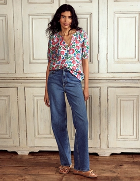 Brooke Linen Top-Ivory, Garden Vine HighStretch Modern Polo