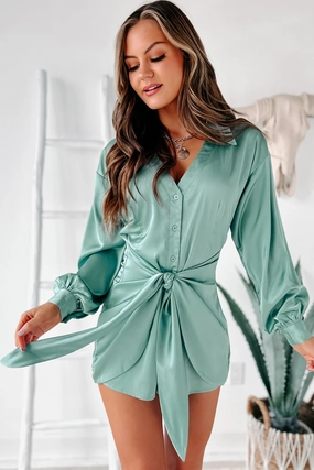ConvertibleStyle BreathableMeshInsert Delighted Feeling Tie-Waist Satin Romper (Seafoam Green)