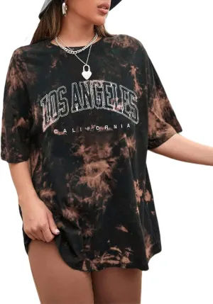 Remidoo Women's Casual Crewneck Short Sleeve Sun and Moon Print Tie Dye Oversized Graphic Top T-Shirt