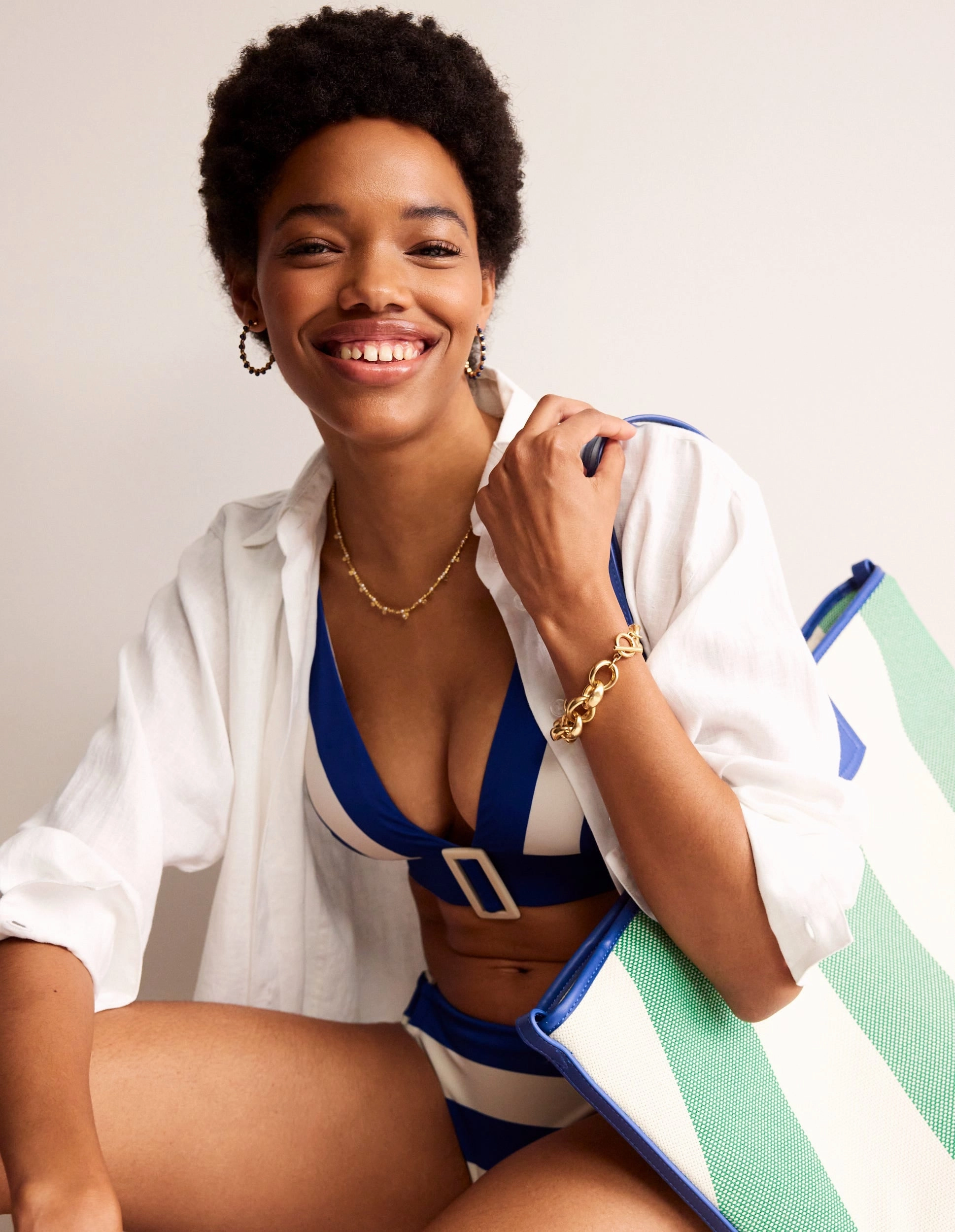 Resin Buckle Bikini Top-Blue/ Ivory Stripe Rash Guard Technology