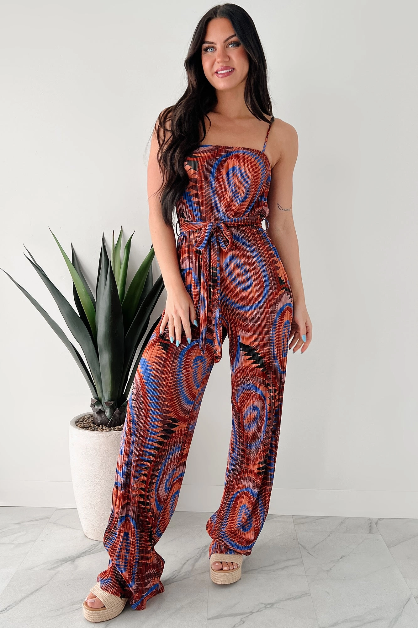 Travel Friendly Turn Up The Volume Pleated Wide Leg Jumpsuit (Brick/Royal Blue)