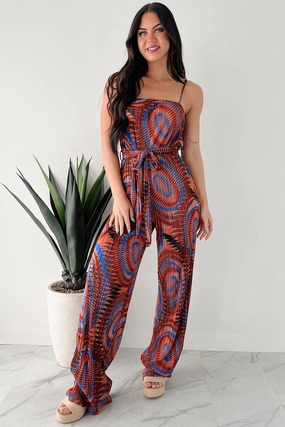Travel Friendly Turn Up The Volume Pleated Wide Leg Jumpsuit (Brick/Royal Blue)