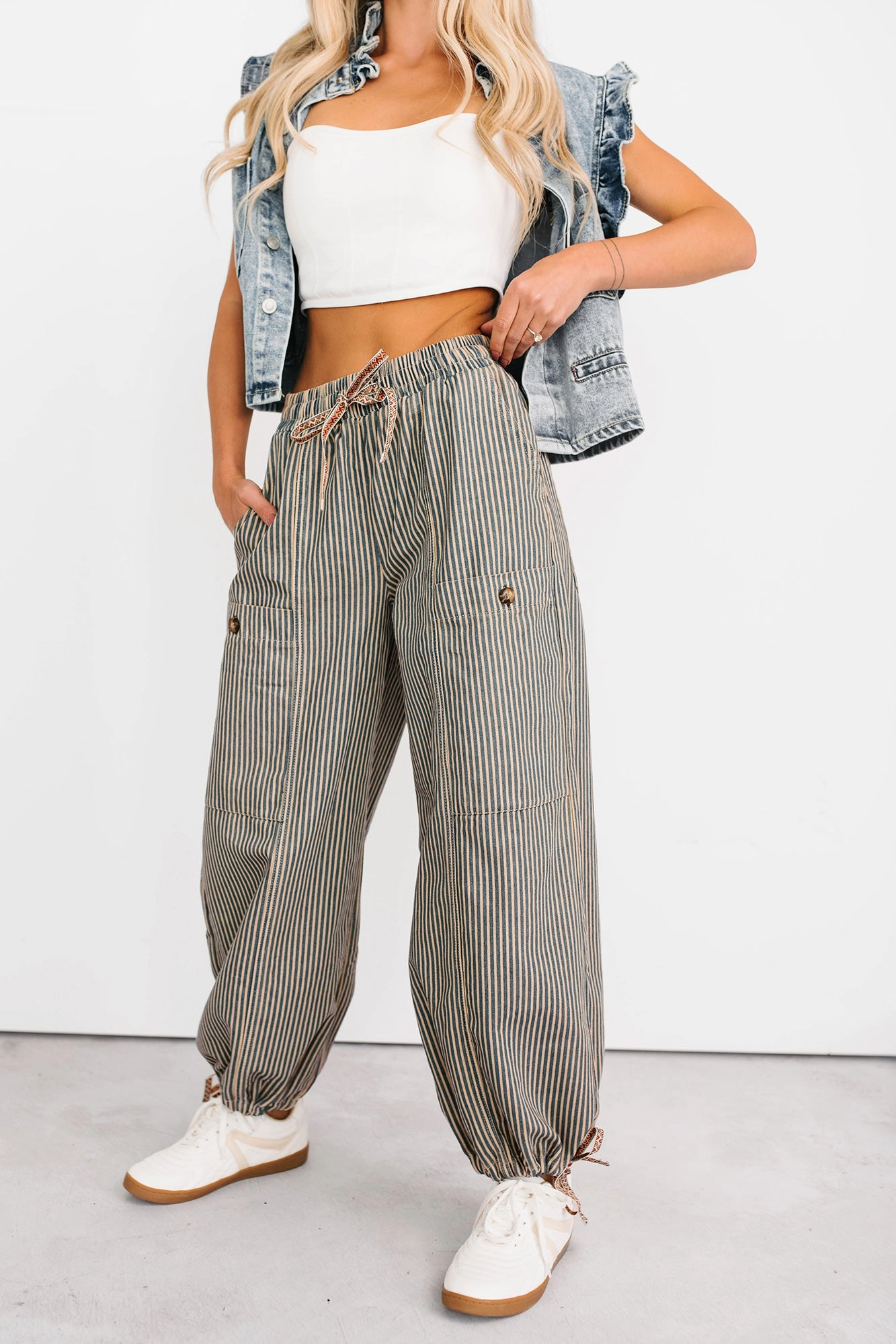 SleevelessOption Restless Heart Striped Wide Leg Drawstring Pants (Latte)