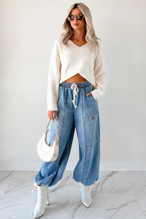 ResilientStretch Ribbed Hem Finish Restless Soul Denim Wide Leg Drawstring Pants (Light)
