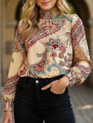 YarnBlend summer look Retro Bohemian Print Turtleneck Long Sleeve Top