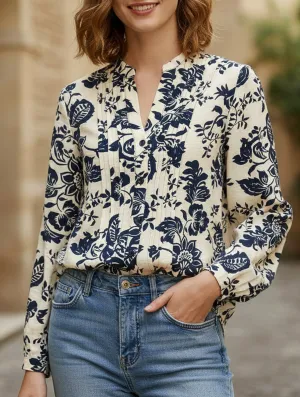 Retro small stand-up collar long-sleeved shirt Stain Resistant Treatment