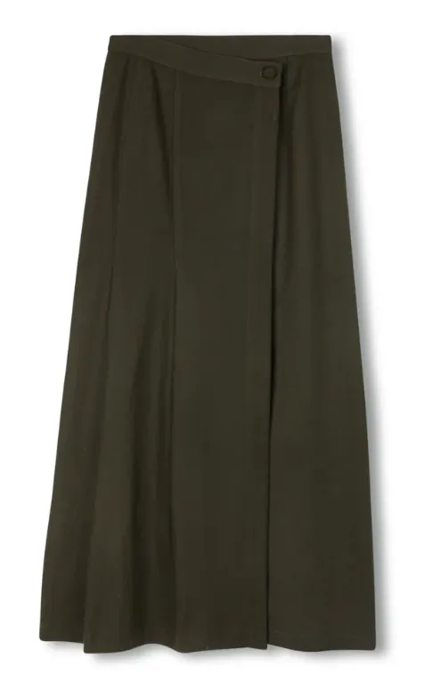 Hemp Blend Beige Green Wool Side Pleated Skirt W-22532