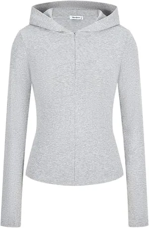 Rib Zip up Hoodie, Womens Zip Up Hoodie Cropped Sweatshirts Fleece Jackets Fitted Sweatshirt Jacket Women