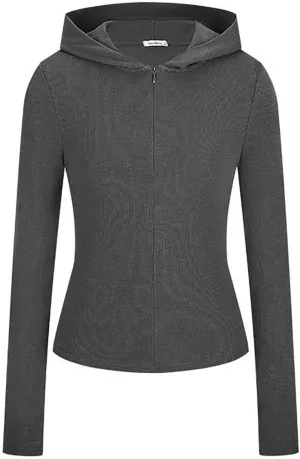 Rib Zip up Hoodie, Womens Zip Up Hoodie Cropped Sweatshirts Fleece Jackets Fitted Sweatshirt Jacket Women