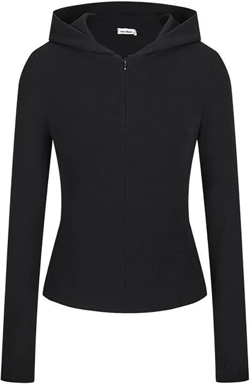 Rib Zip up Hoodie, Womens Zip Up Hoodie Cropped Sweatshirts Fleece Jackets Fitted Sweatshirt Jacket Women