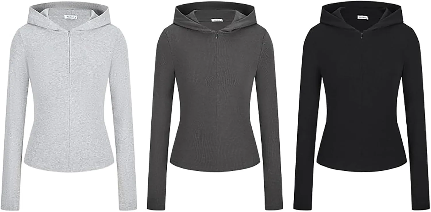Rib Zip up Hoodie, Womens Zip Up Hoodie Cropped Sweatshirts Fleece Jackets Fitted Sweatshirt Jacket Women