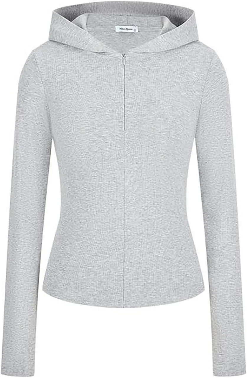 Rib Zip up Hoodie, Womens Zip Up Hoodie Cropped Sweatshirts Fleece Jackets Fitted Sweatshirt Jacket Women