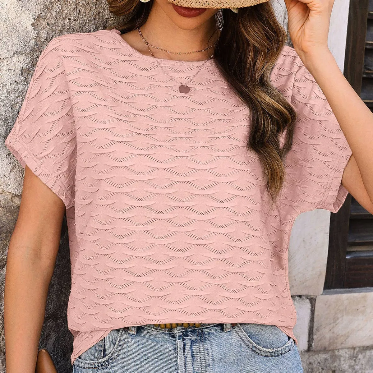 Layered Neckline Layered Collar BREATHABLE SOLID COLOR BAT-SLEEVE BLOUSE_CWTBLS0719