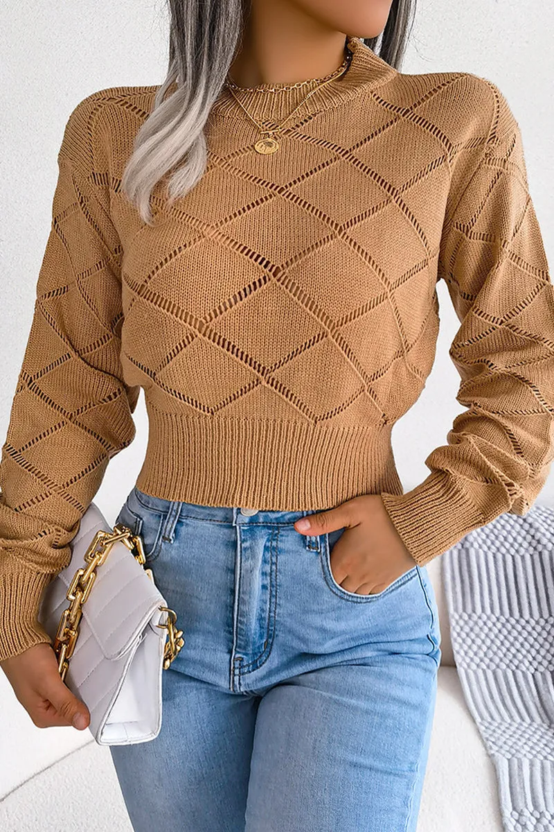 RIBBED HIGH NECK LACE SHORT LENGTH CROP SWEATER Lightweight Blouse Adjustable Cuff
