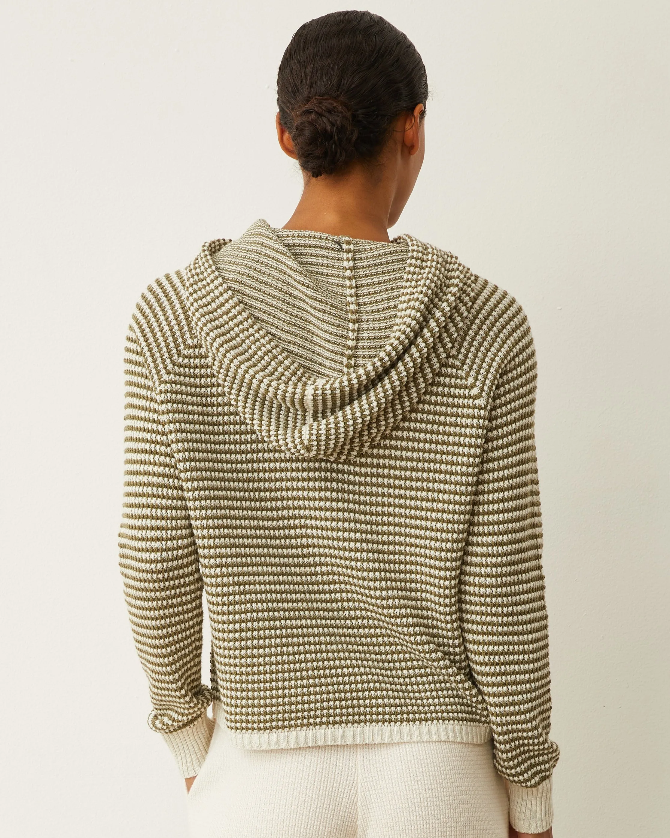 Cotton Cashmere Stripe Lounge Hoody Chic and Flattering Sage Detail