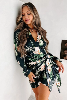 Dreaming Of Sunny Days Tropical Print Wrap Dress (Black) Low Impact Manufacturing