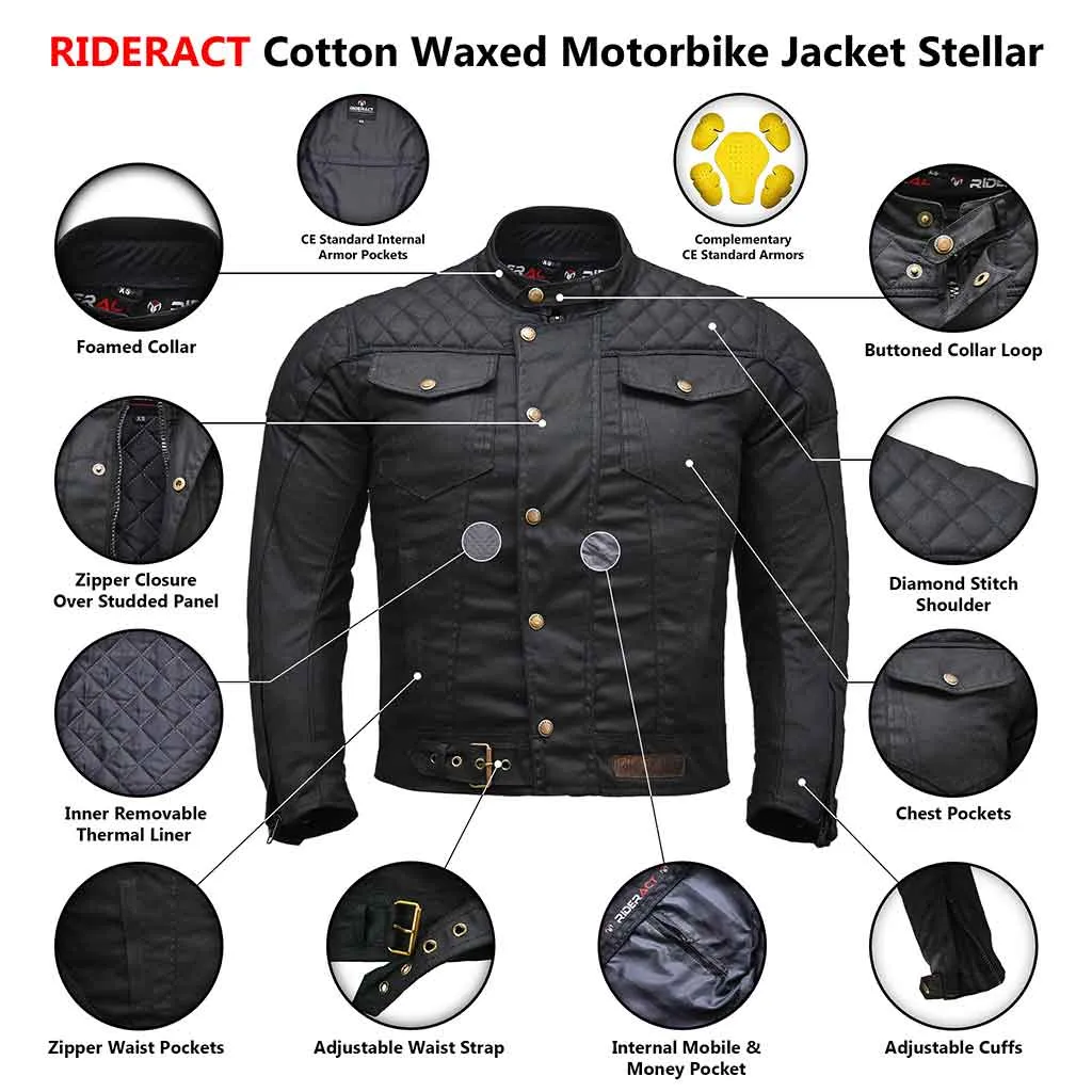 RIDERACT® Waxed Cotton Motorcycle Jacket Black Stellar Waterproof Moto Jacket