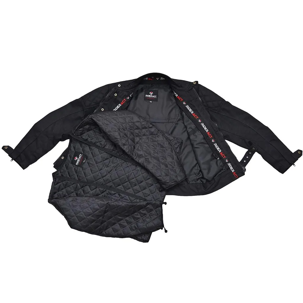 RIDERACT® Waxed Cotton Motorcycle Jacket Black Stellar Waterproof Moto Jacket