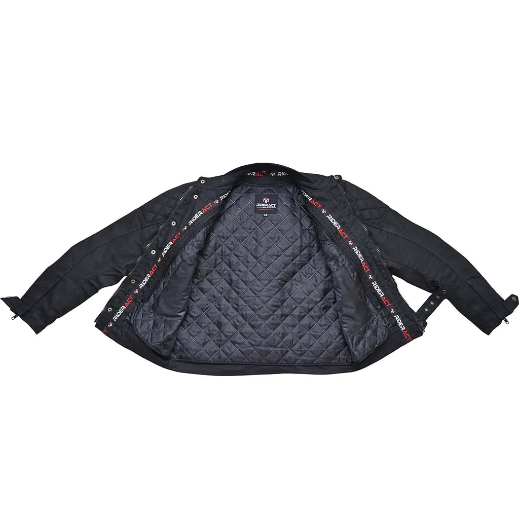 RIDERACT® Waxed Cotton Motorcycle Jacket Black Stellar Waterproof Moto Jacket