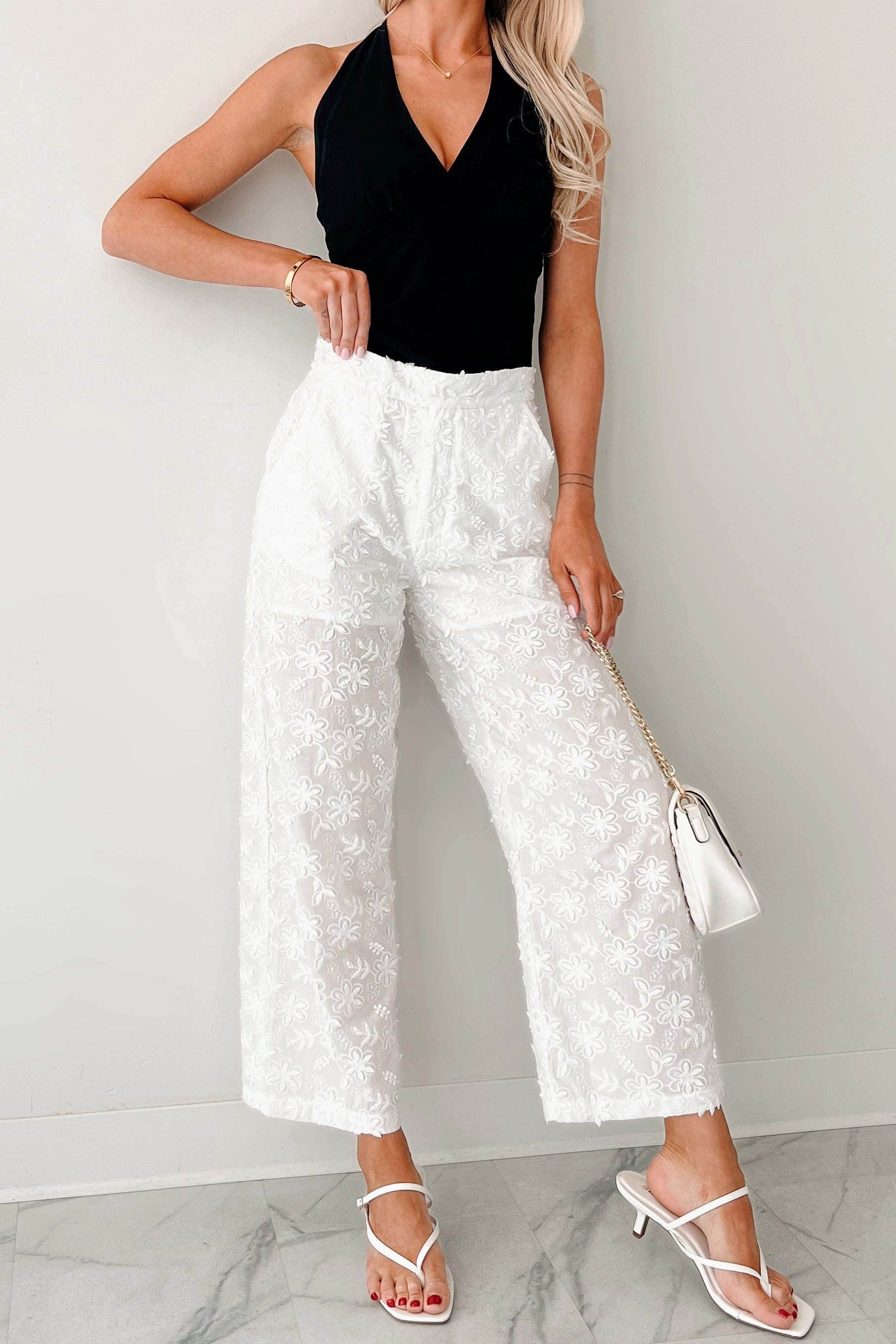 Rise & Shine Floral Embroidered Wide Leg Pants (White) Practical Fit