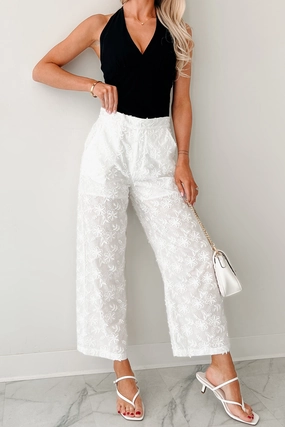 FlexFoamPadding Rise & Shine Floral Embroidered Wide Leg Pants (White)