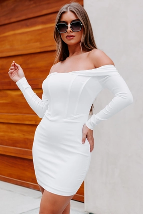 Rissa Off-The-Shoulder Bodycon Dress (Off White) AntiPill Finish BioBased Fiber