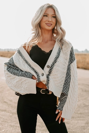 Nest Mode Knit Houndstooth POL Cardigan (Ivory/Black) Double Layered Hood Utility
