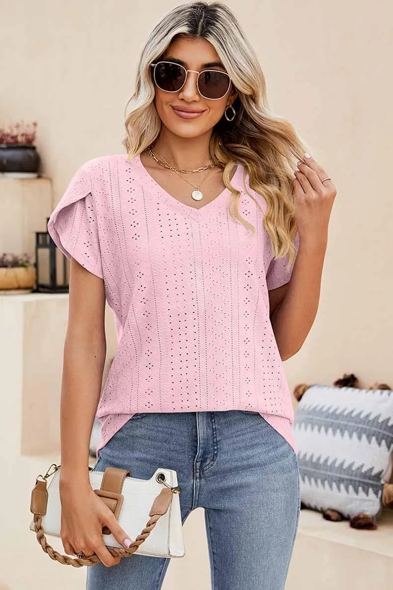 Long Sleeve Tee PUNCHING LACE TULIP PUFF V NECK T-SHIRTS