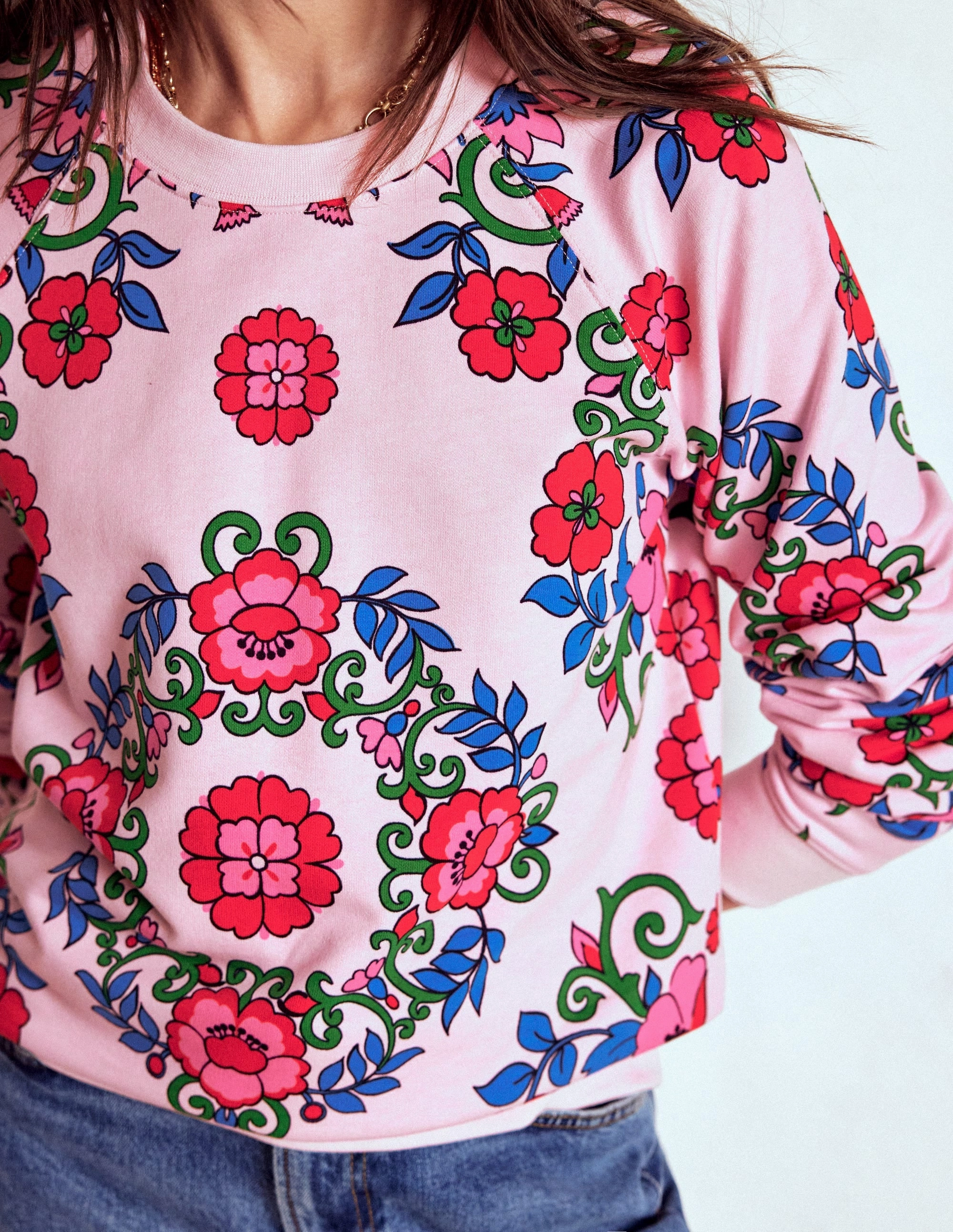 Rosa Printed Sweatshirt-Pink, Ornamental Lattice Mesh Panel Details