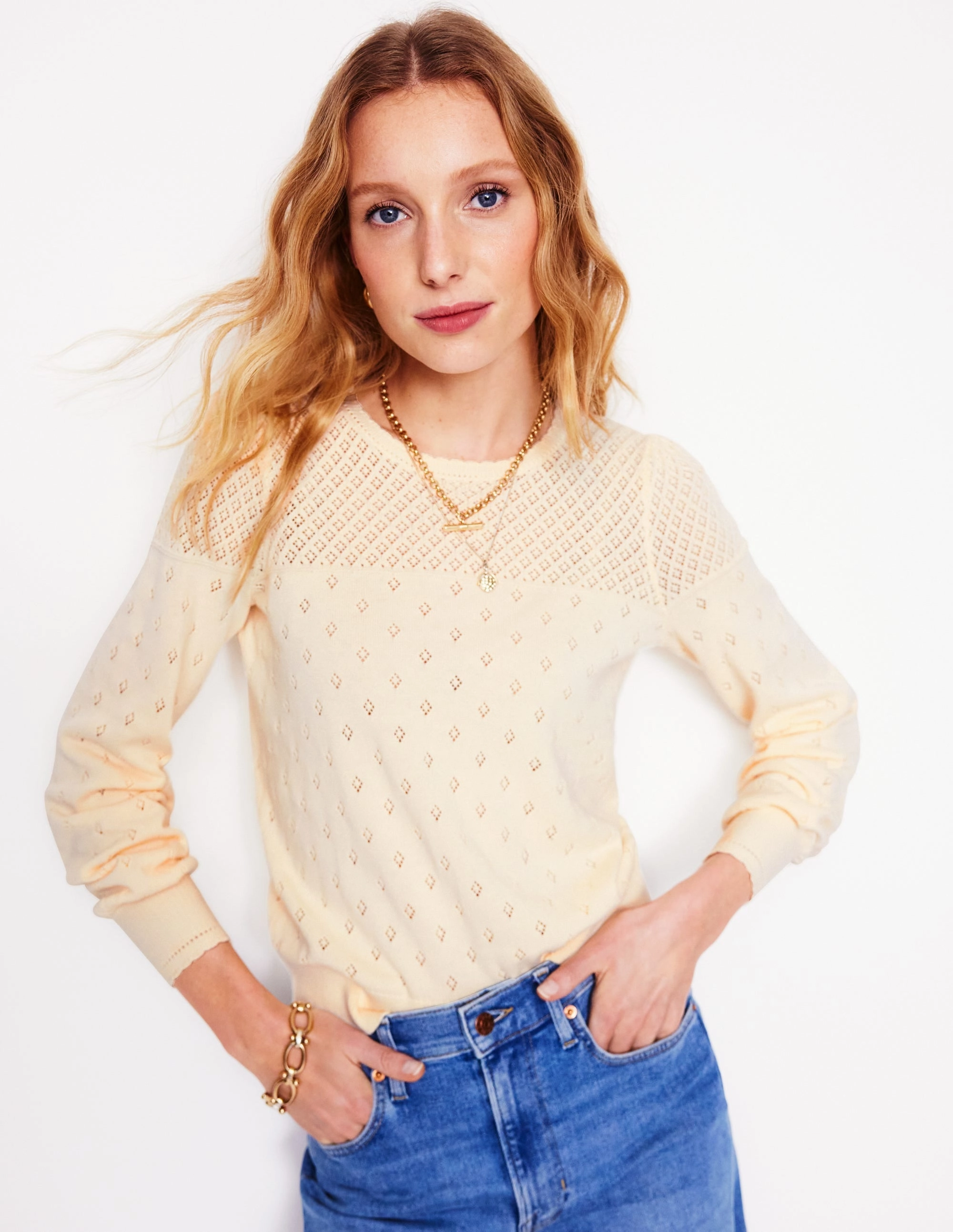 Ribbed Hemline Soft Touch Brushed Surface Rosalie Pointelle Jumper-Warm Ivory