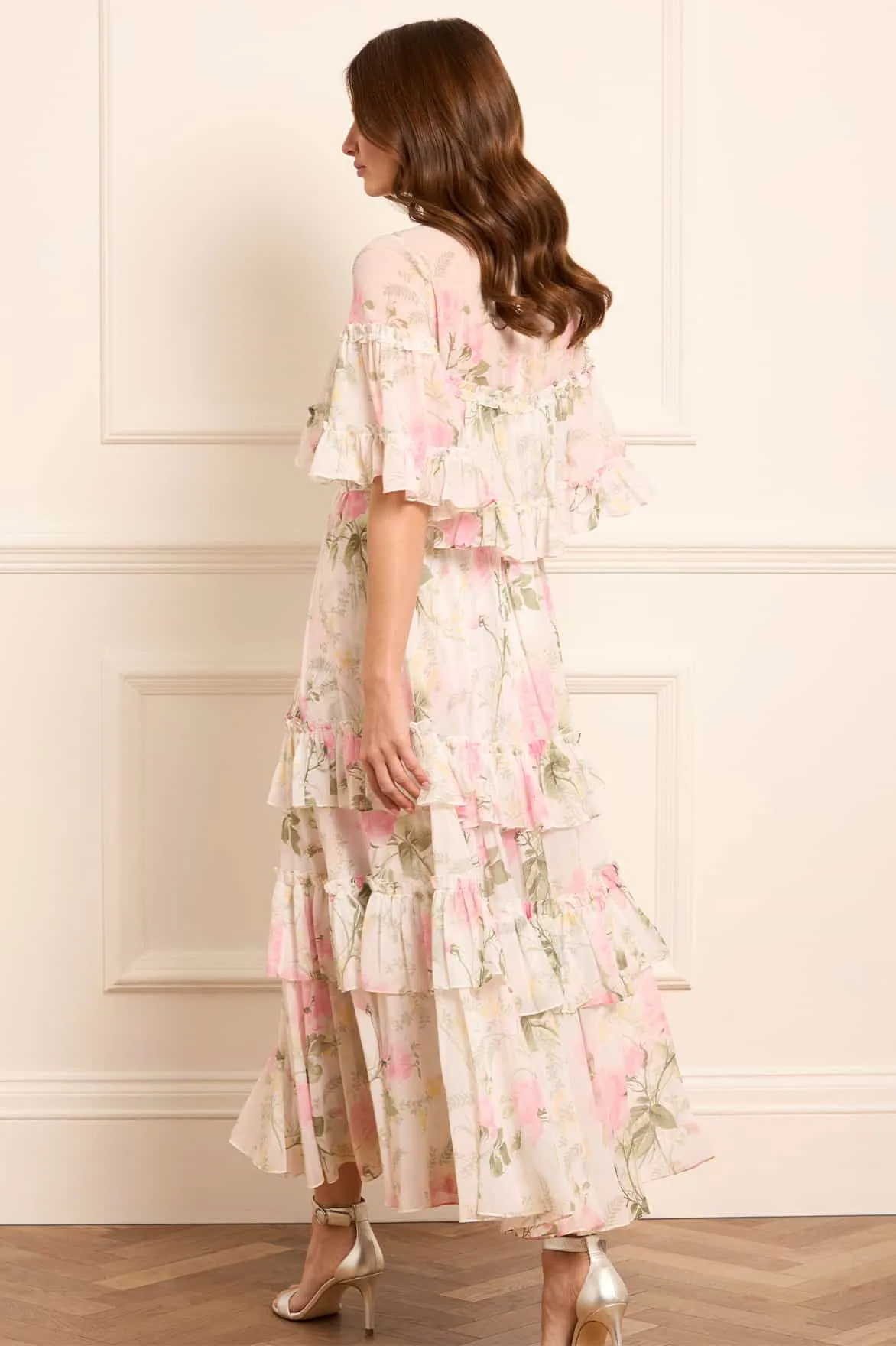 Vibrant evening gown Perfect Wearable Rose Chiffon Tiered Cape Ankle Gown