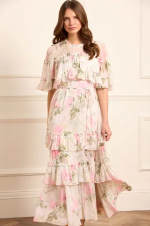 Effortless Waist Design Rose Chiffon Tiered Cape Ankle Gown