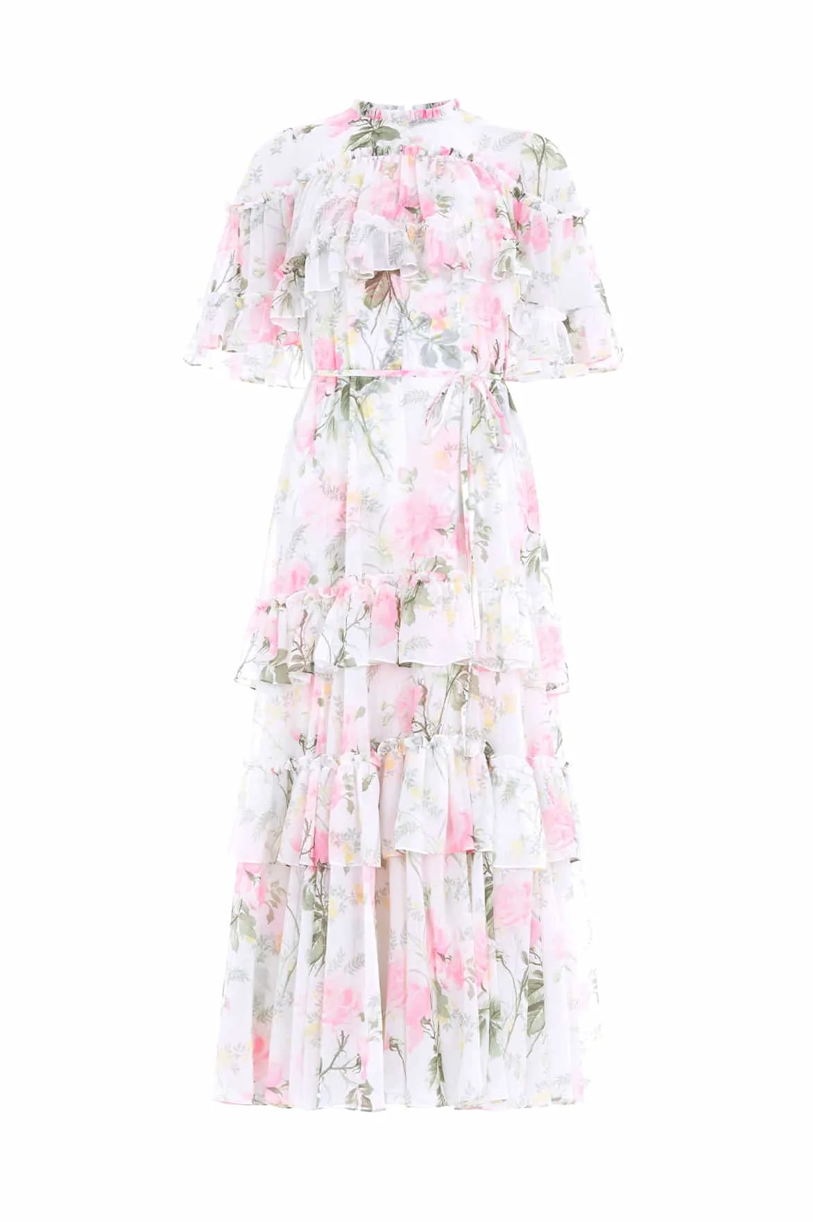 Rose Chiffon Tiered Cape Ankle Gown Timeless Vibe