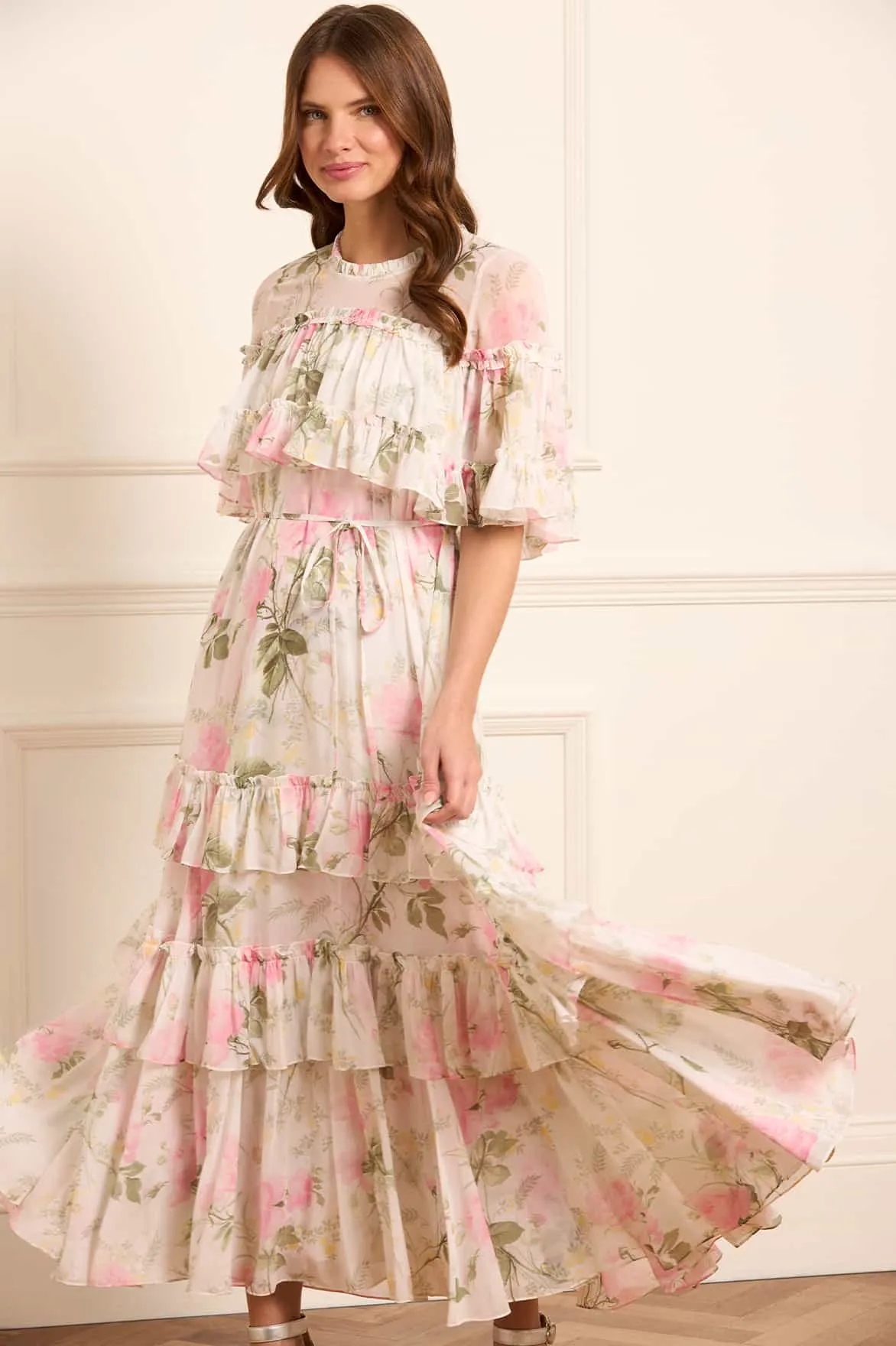 Rose Chiffon Tiered Cape Ankle Gown Professional Comfort